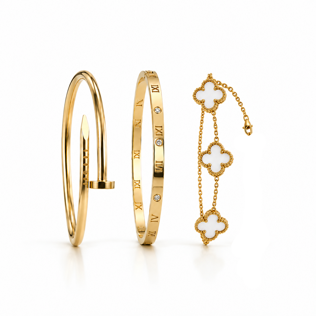 Conjunto 2 Braceletes + Pulseira Trevos Zaria Dourado