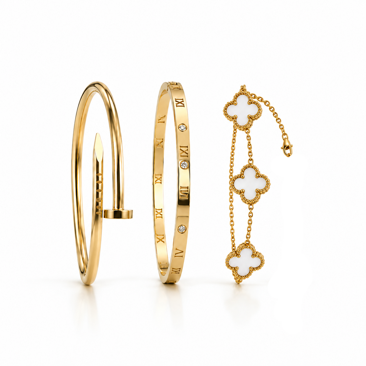 Conjunto 2 Braceletes + Pulseira Trevos Zaria Dourado