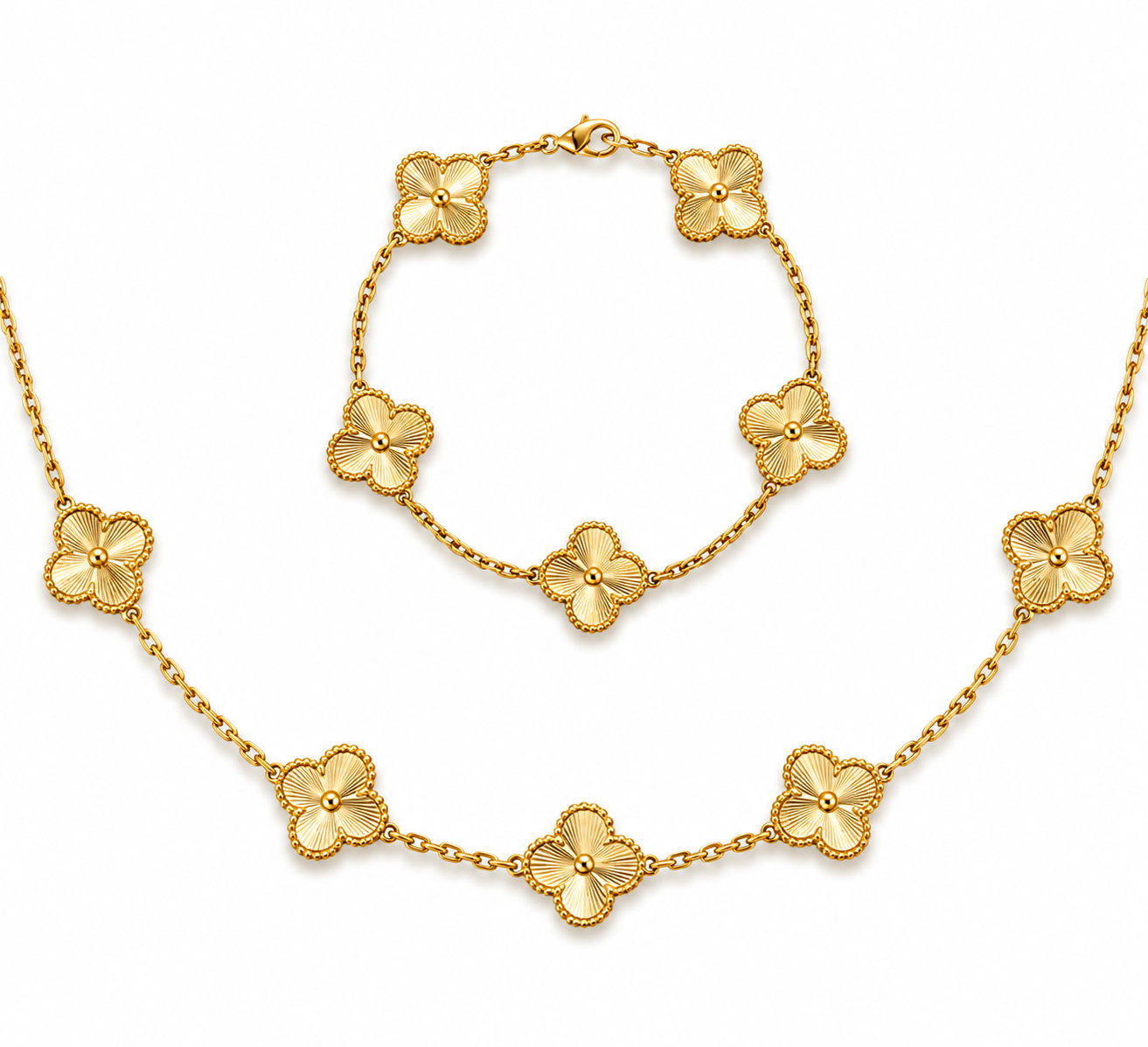 Conjunto Colar + Pulseira Trevos Zaria Dourado