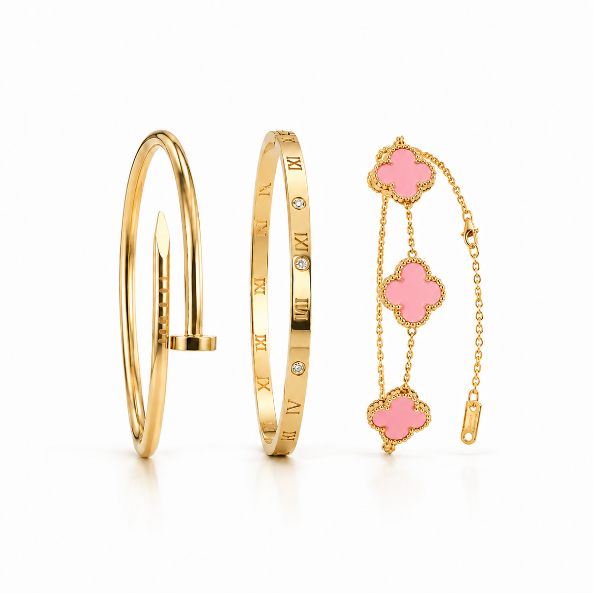 Conjunto 2 Braceletes + Pulseira Trevos Zaria Dourado