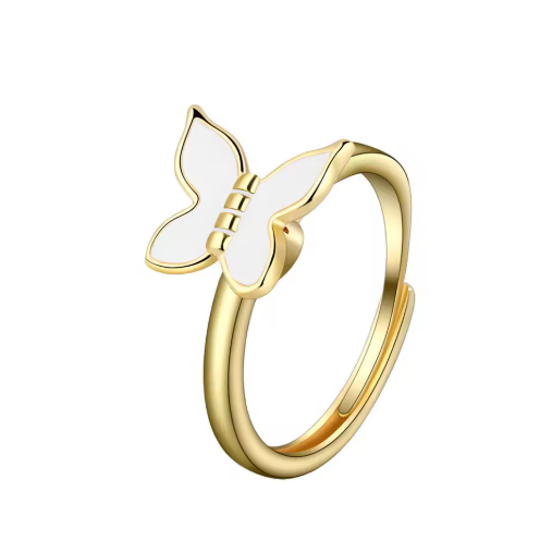 Anel Anti Ansiedade Dourado Borboleta Branca