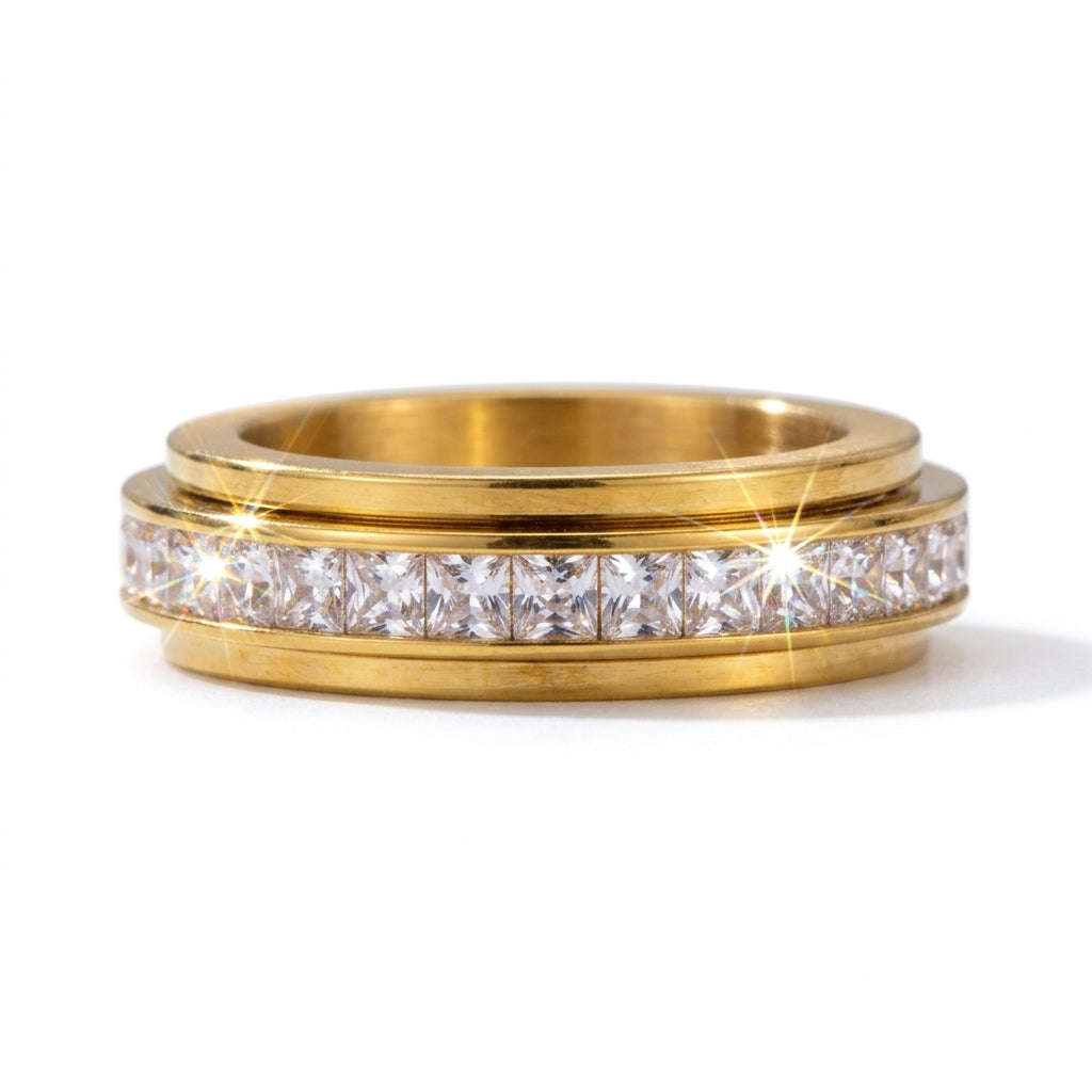 Anel Anti Estresse Dourado Rotativo c/ Bilhantes