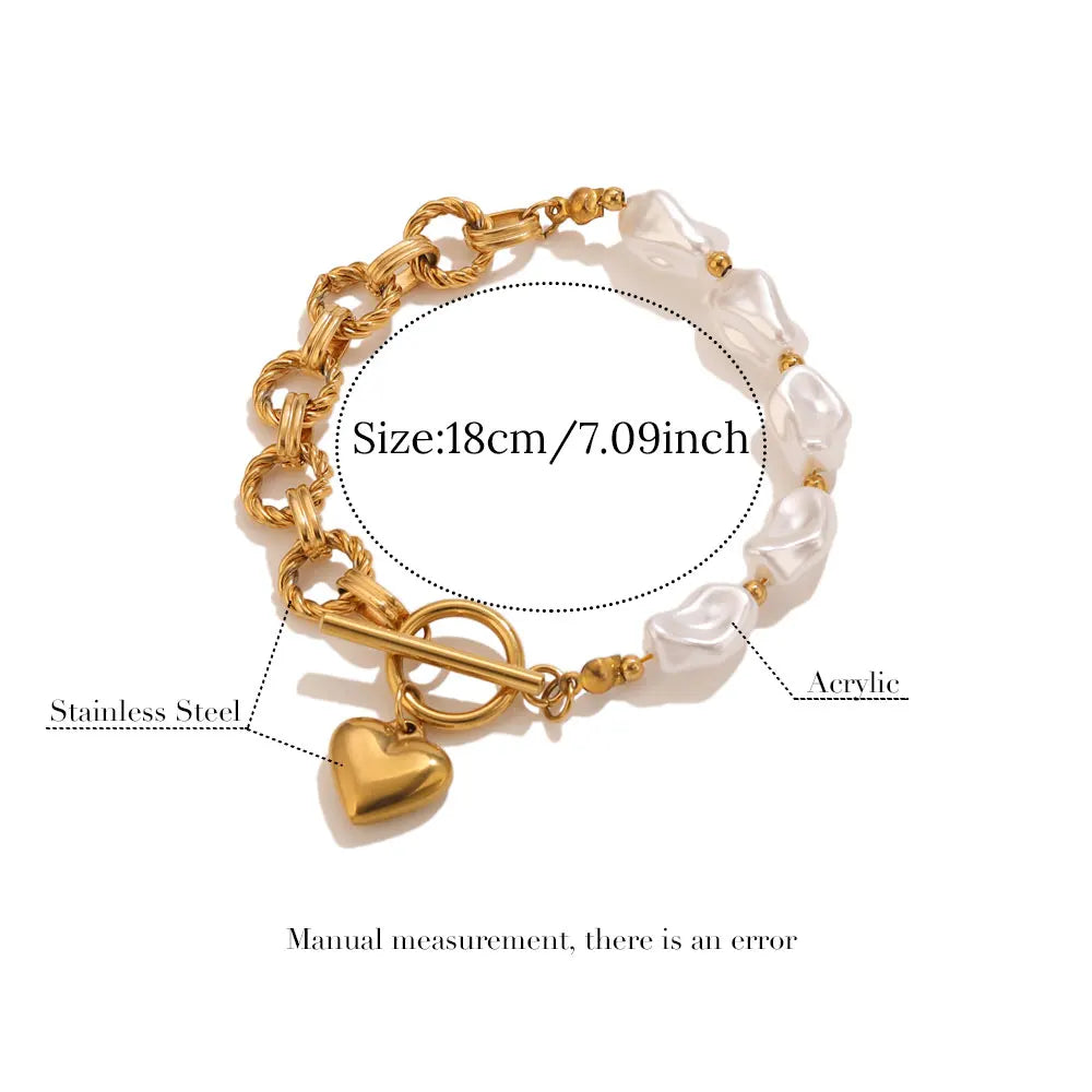 Pulseira delicada de aço inoxidável com pingentes de coração de pérola, para mulheres, textura vintage, à prova d'água, joias de pulso