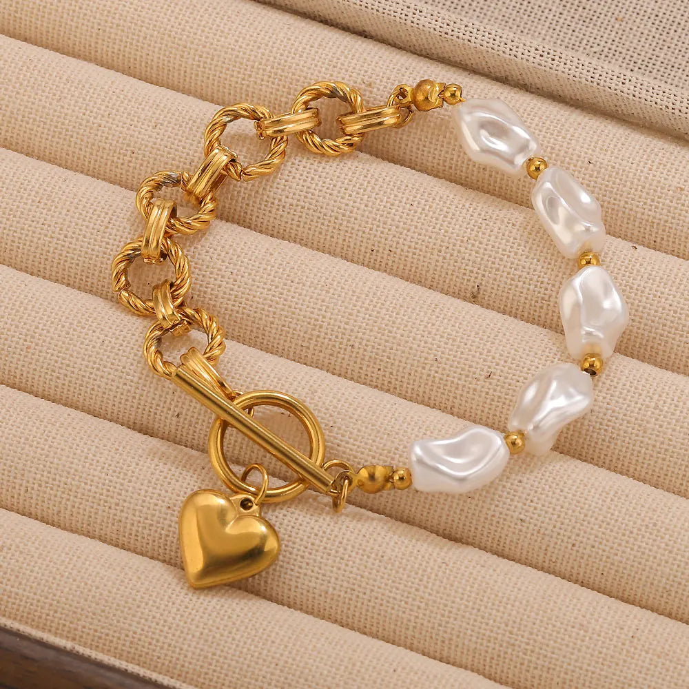 Pulseira delicada de aço inoxidável com pingentes de coração de pérola, para mulheres, textura vintage, à prova d'água, joias de pulso