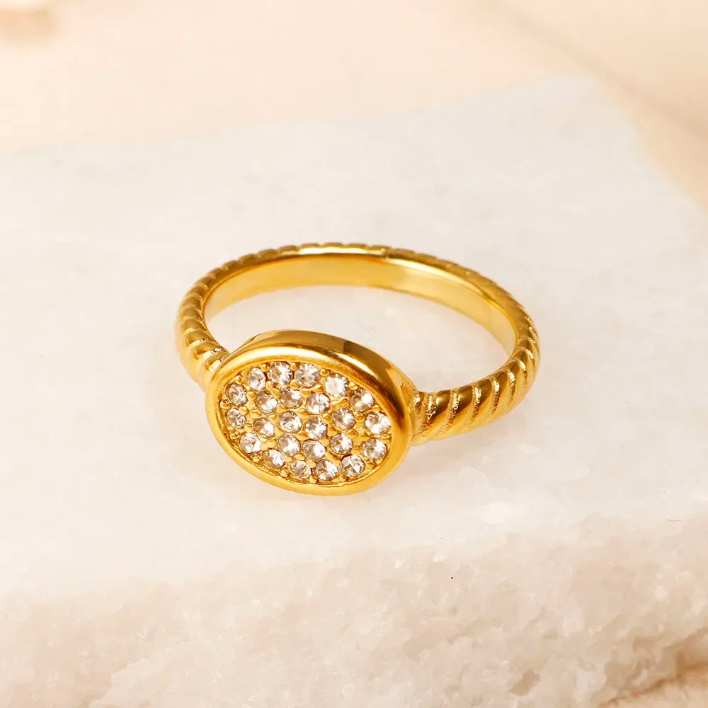 Personalidade redonda contas anel banda pequeno cristal claro zircão à prova dwaterproof água anéis de ouro aço inoxidável simples granular jóias finas