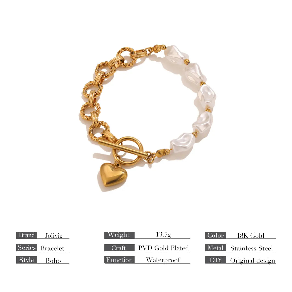 Pulseira delicada de aço inoxidável com pingentes de coração de pérola, para mulheres, textura vintage, à prova d'água, joias de pulso