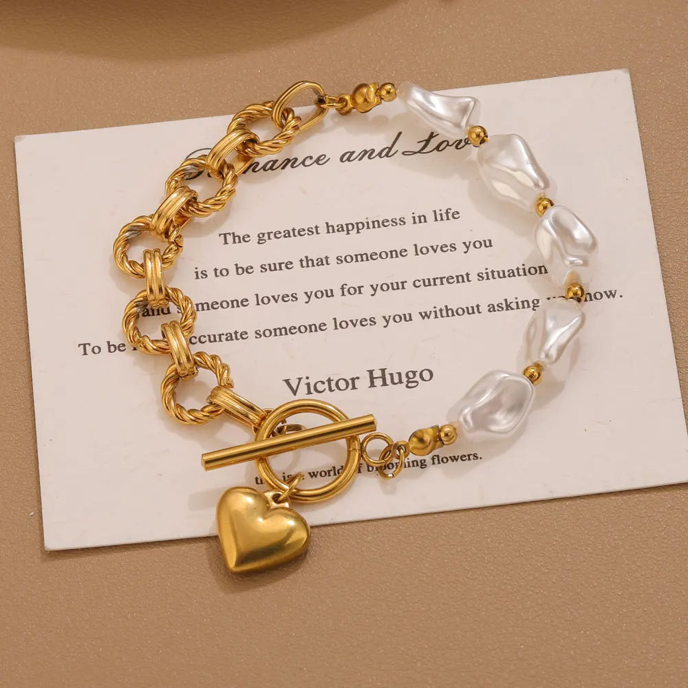 Pulseira delicada de aço inoxidável com pingentes de coração de pérola, para mulheres, textura vintage, à prova d'água, joias de pulso