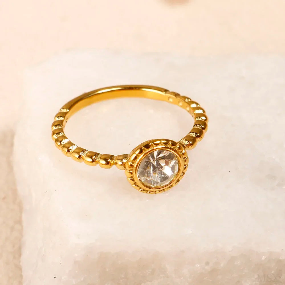 Personalidade redonda contas anel banda pequeno cristal claro zircão à prova dwaterproof água anéis de ouro aço inoxidável simples granular jóias finas