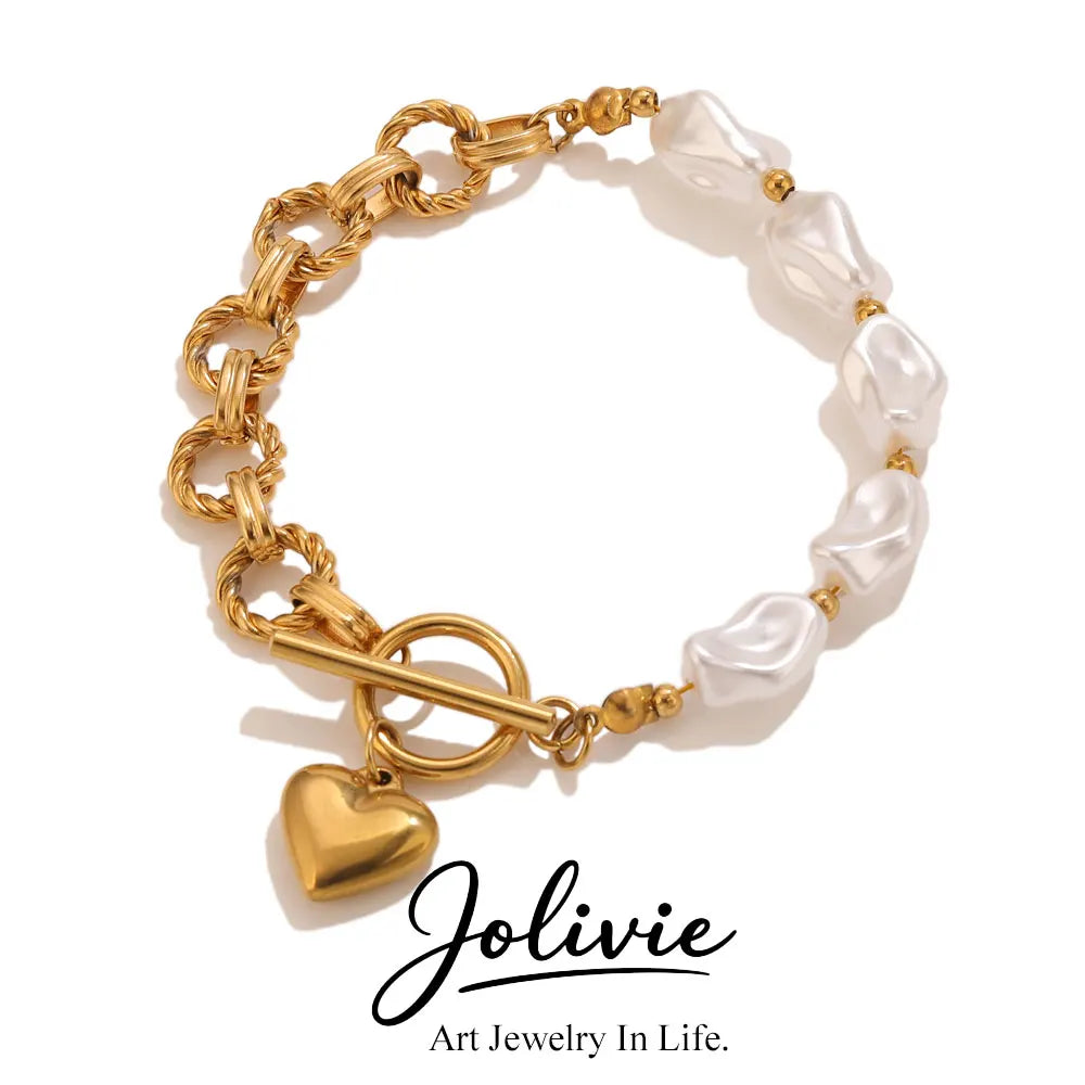 Pulseira delicada de aço inoxidável com pingentes de coração de pérola, para mulheres, textura vintage, à prova d'água, joias de pulso