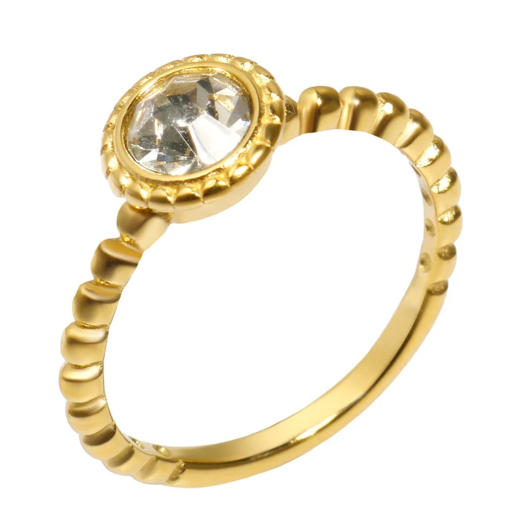 Personalidade redonda contas anel banda pequeno cristal claro zircão à prova dwaterproof água anéis de ouro aço inoxidável simples granular jóias finas