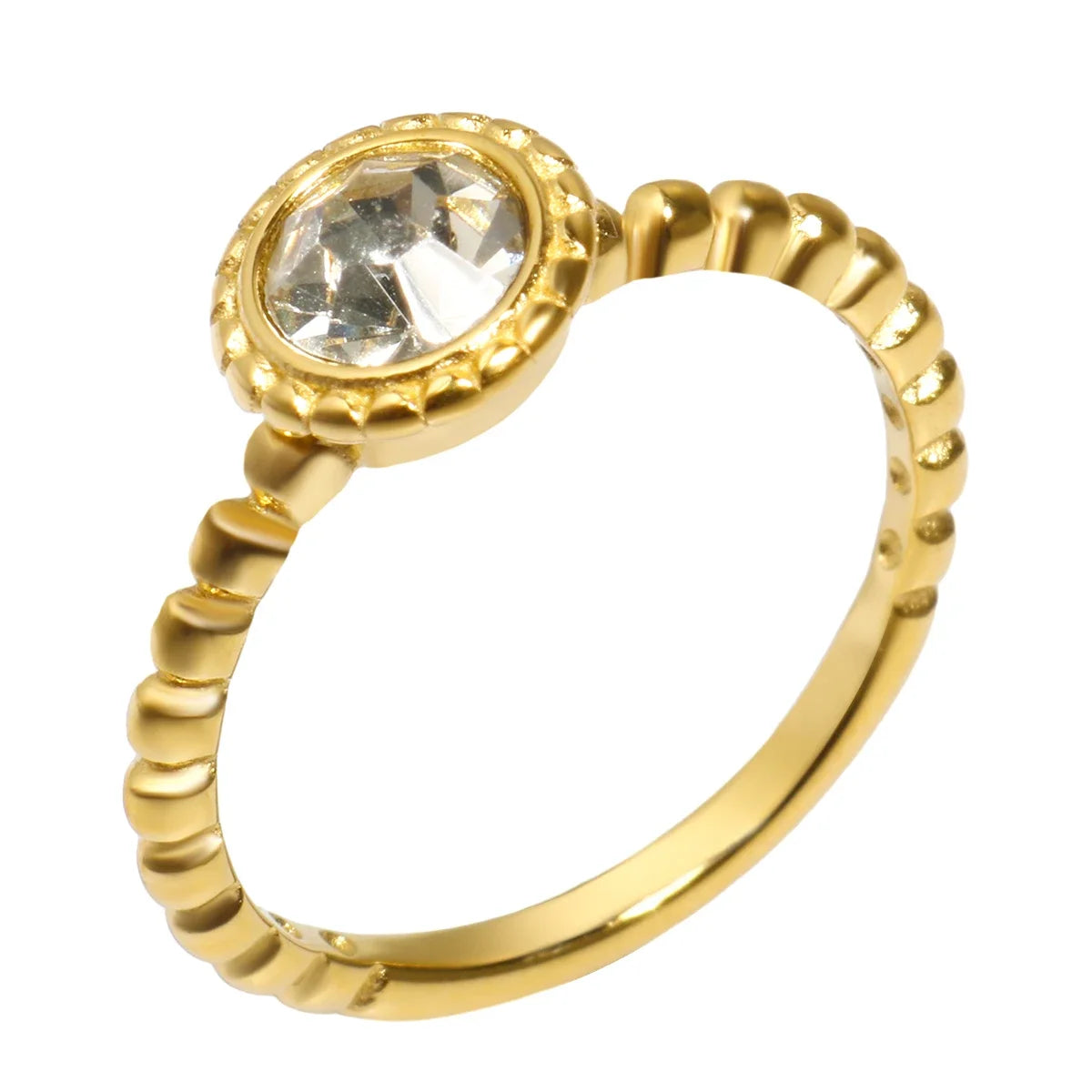 Personalidade redonda contas anel banda pequeno cristal claro zircão à prova dwaterproof água anéis de ouro aço inoxidável simples granular jóias finas
