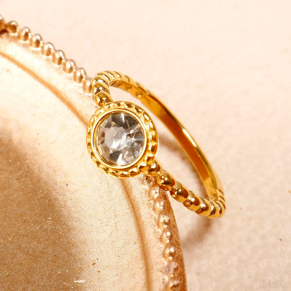 Personalidade redonda contas anel banda pequeno cristal claro zircão à prova dwaterproof água anéis de ouro aço inoxidável simples granular jóias finas