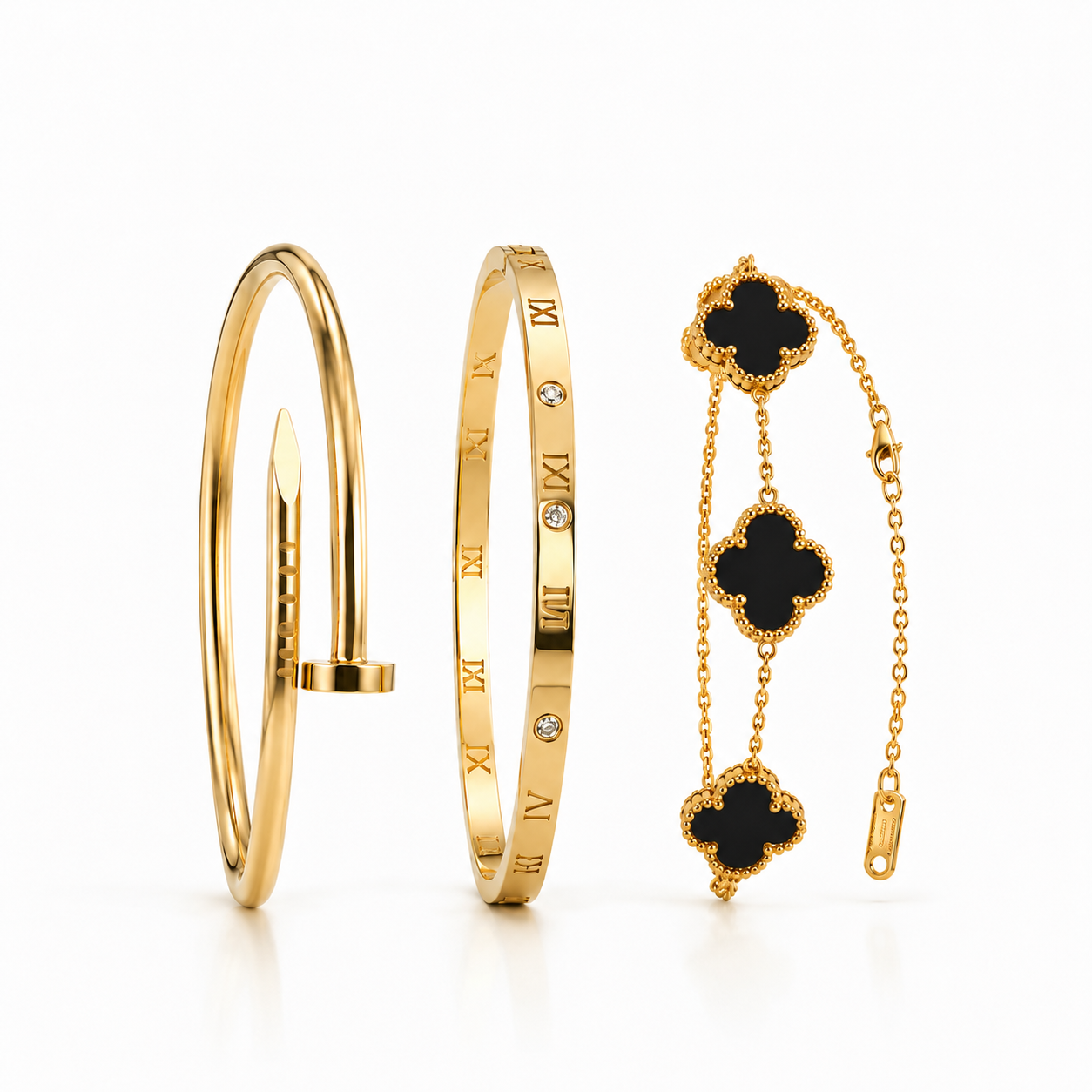 Conjunto 2 Braceletes + Pulseira Trevos Zaria Dourado
