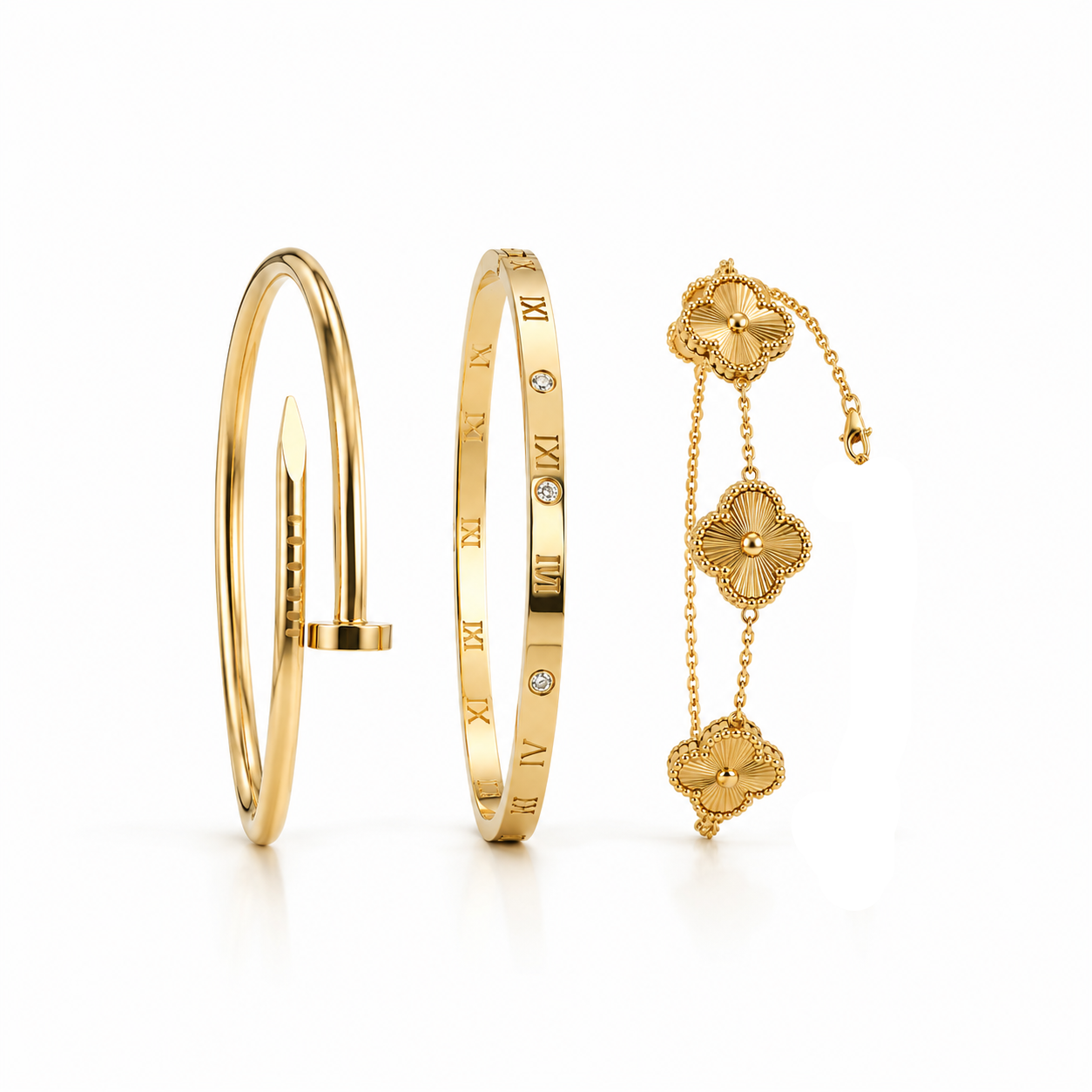 Conjunto 2 Braceletes + Pulseira Trevos Zaria Dourado