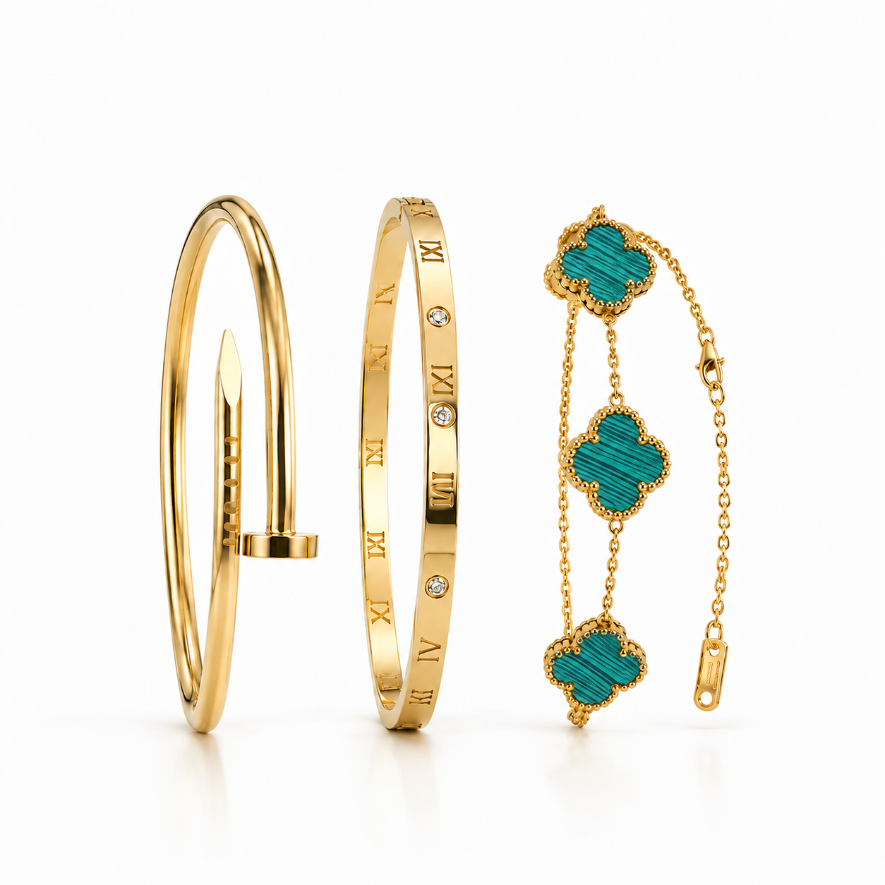 Conjunto 2 Braceletes + Pulseira Trevos Zaria Dourado