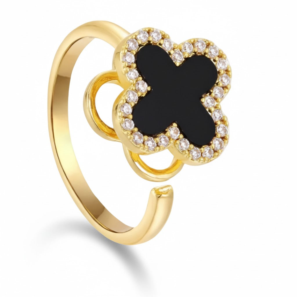 Anel Anti Ansiedade Dourado Trevo de 4 Folhas Preto