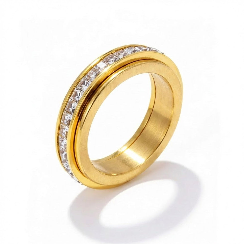 Anel Anti Estresse Dourado Rotativo c/ Bilhantes