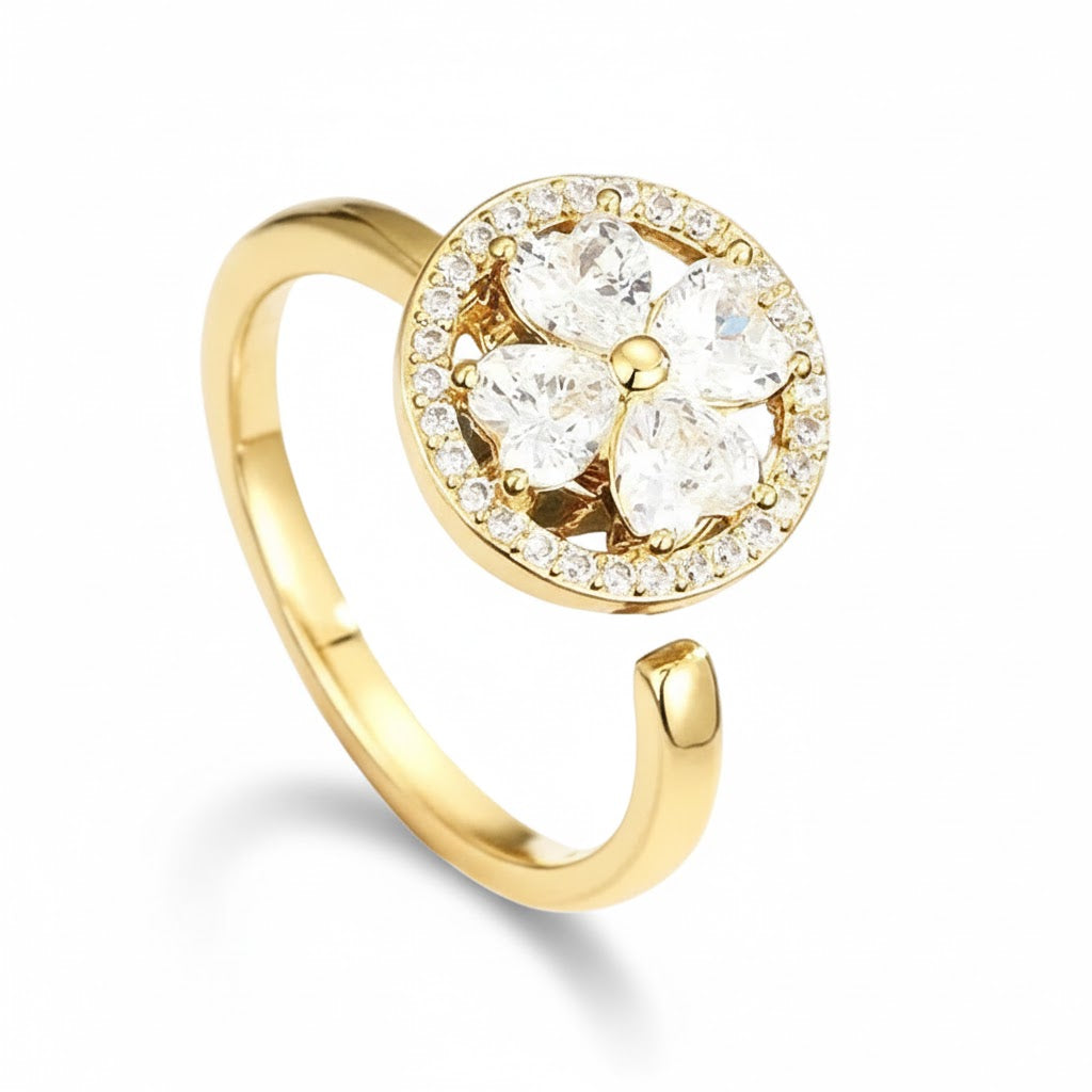 Anel Anti Ansiedade Dourado Flor Cristal