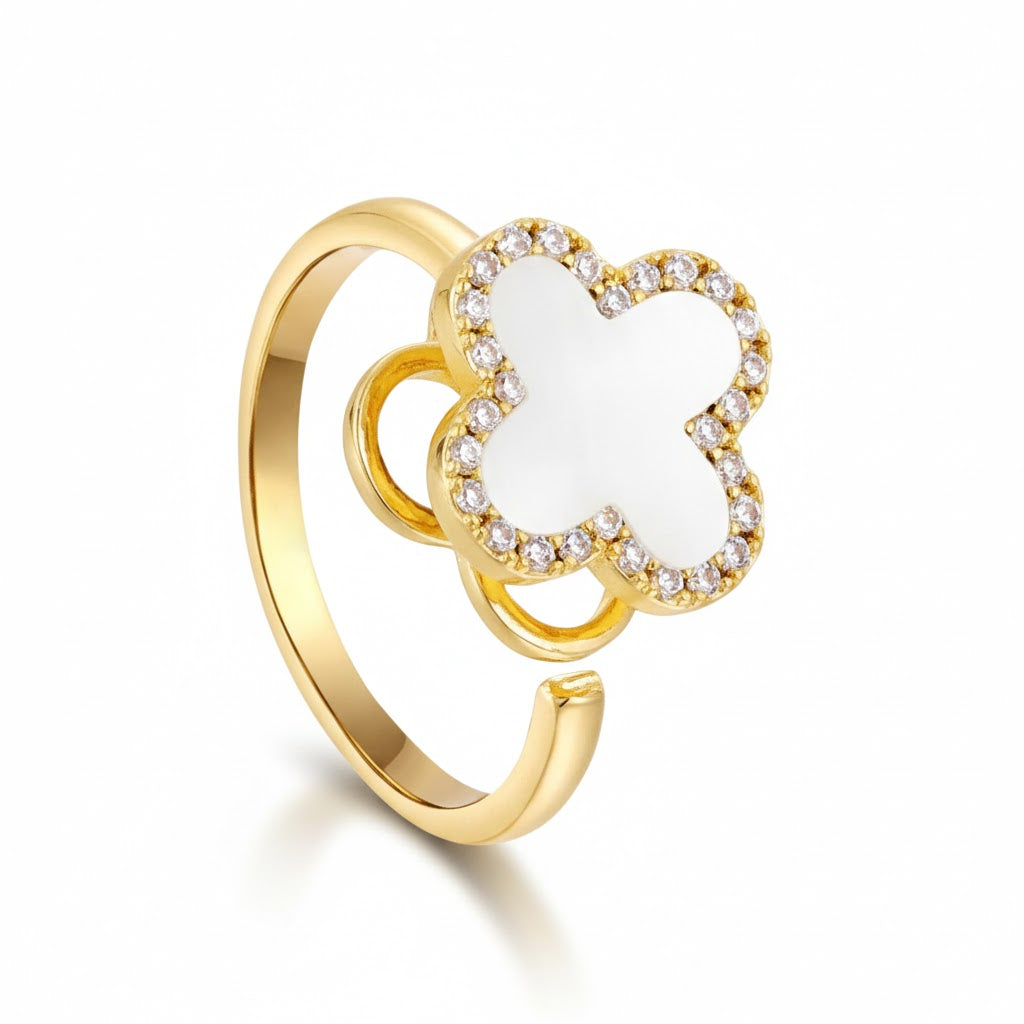 Anel Anti Ansiedade Dourado Trevo Branco