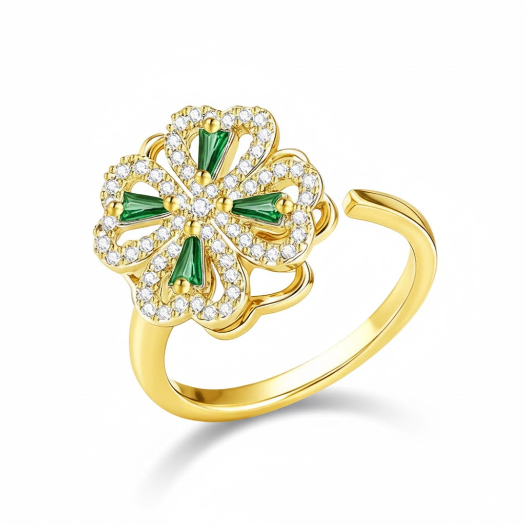 Anel Anti Ansiedade Dourado Trevo c/ Pedras Verdes
