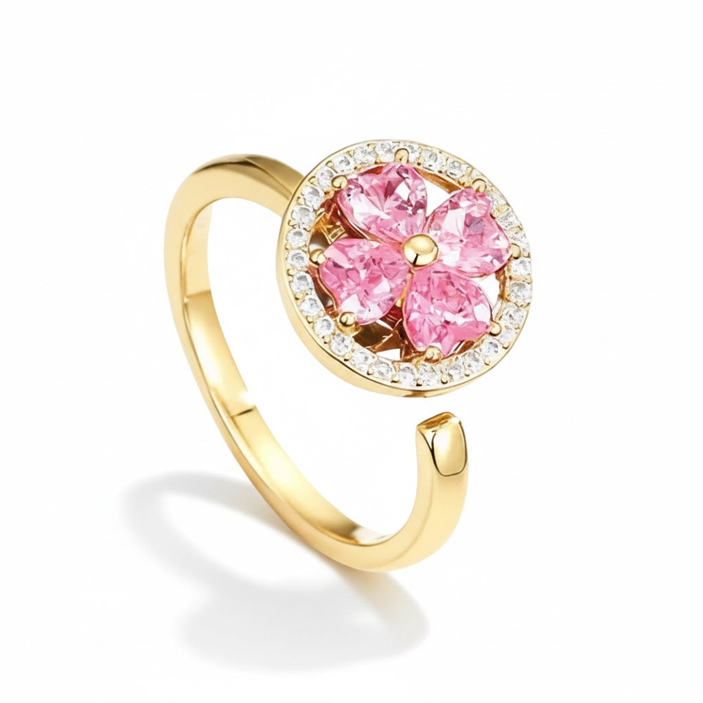 Anel Anti Ansiedade Dourado Esmeraldas Rosa